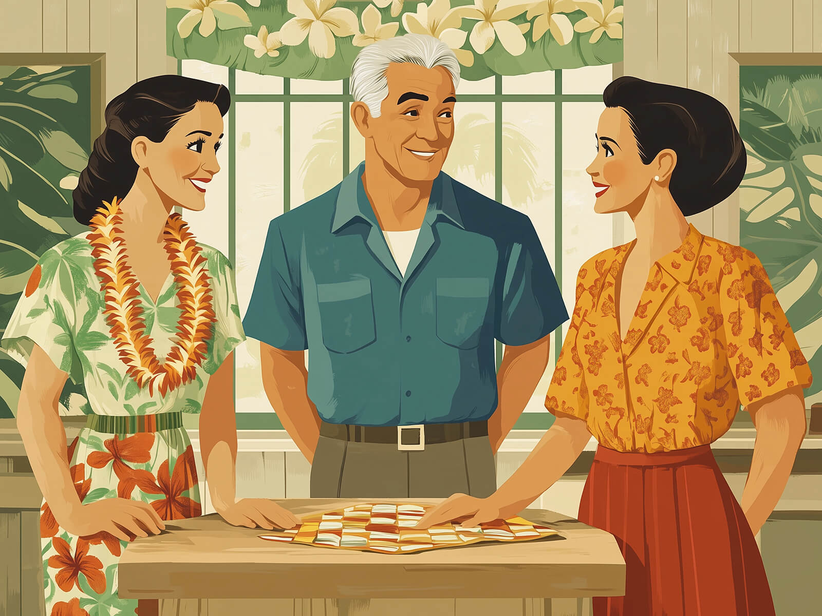 three generations of a family business gathered around a koa-wood table in conversation — an elder, a middle-aged adult, and a young adult