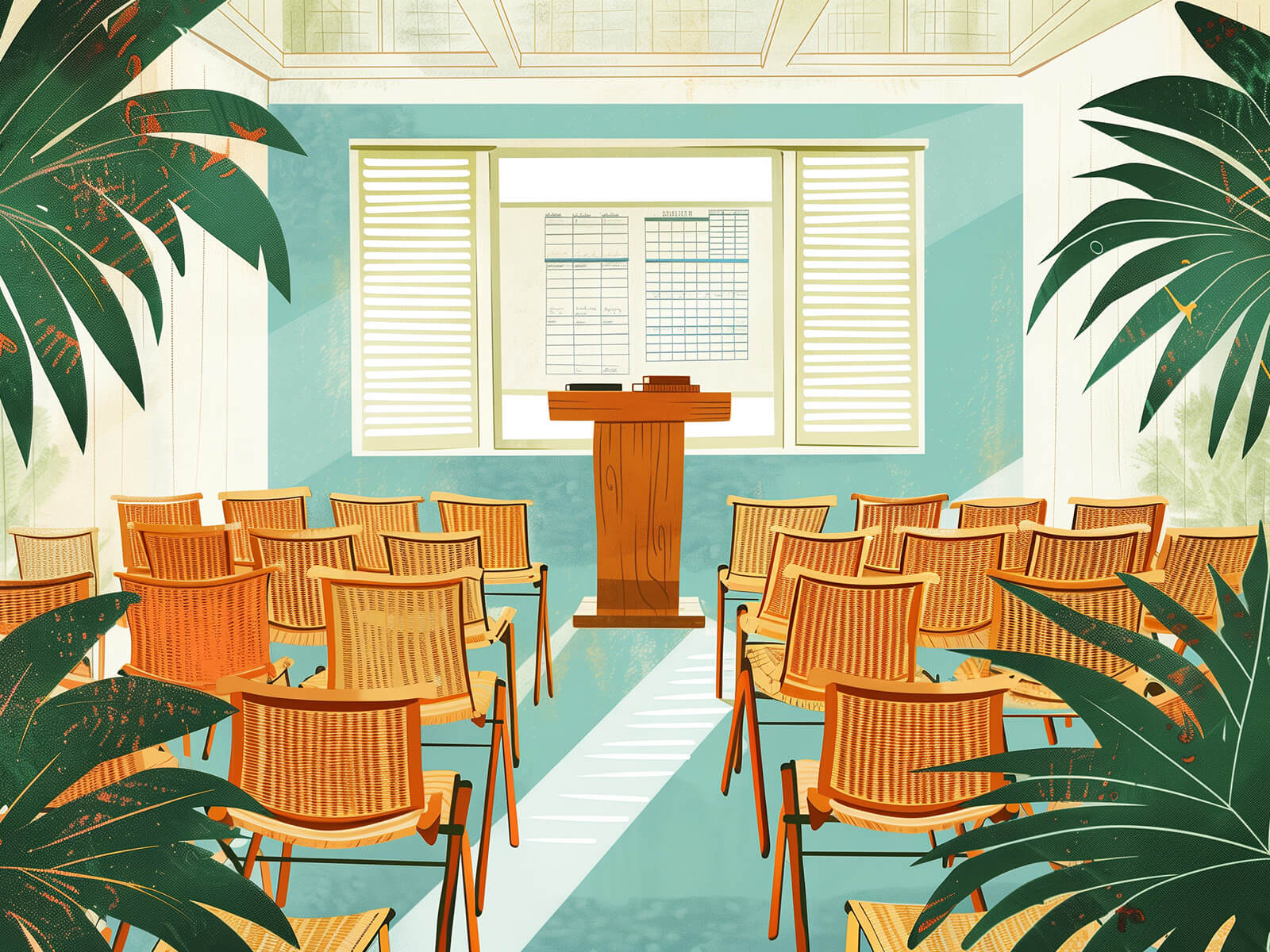 an empty seminar room, rows of rattan chairs facing a wooden lectern with an open ledger book on it, a presentation screen with a simple line-chart motif, warm afternoon light through jalousie windows, palm frond